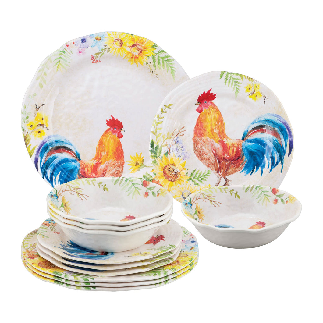 Gourmet Art 12-Piece Rooster Melamine Dinnerware Set