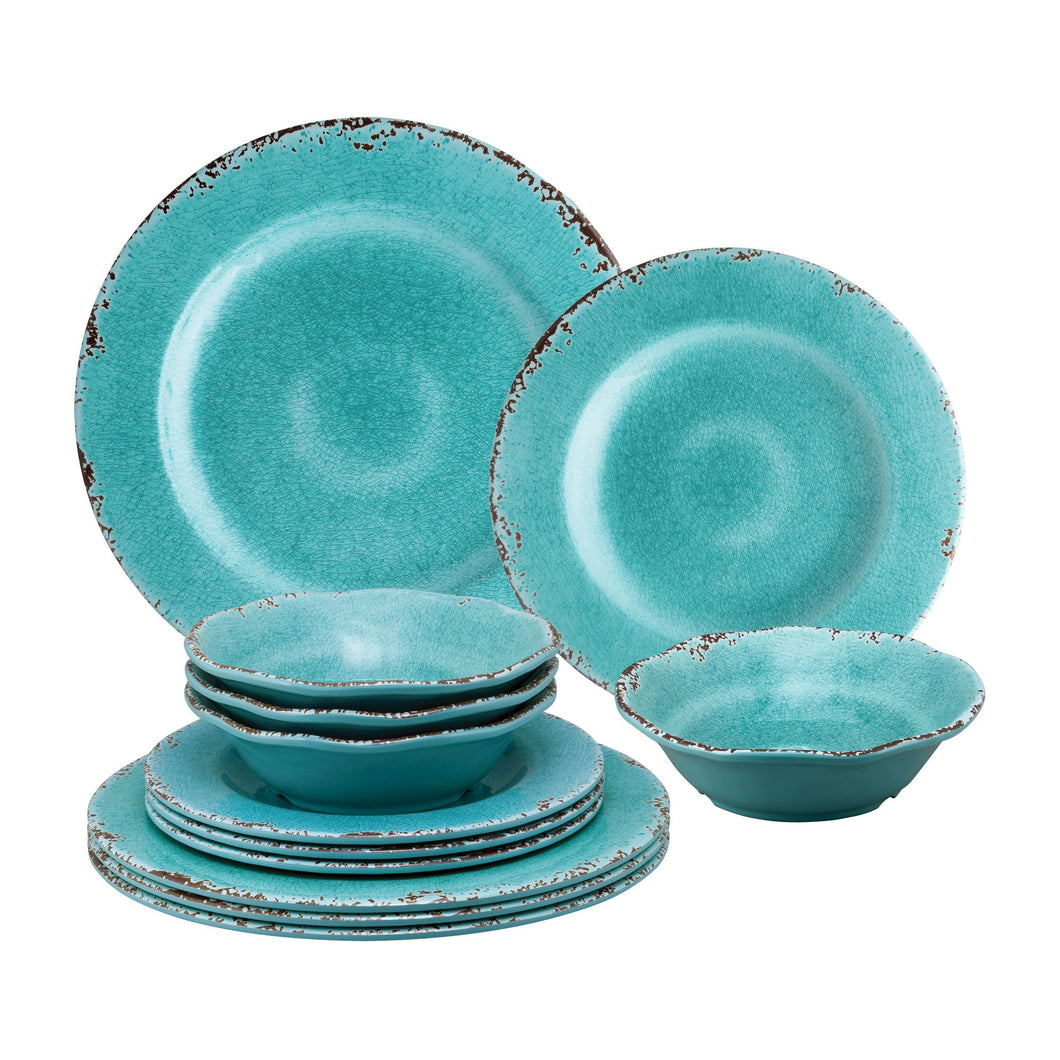 Gourmet Art 12-Piece Crackle Melamine Dinnerware Set, Turquoise