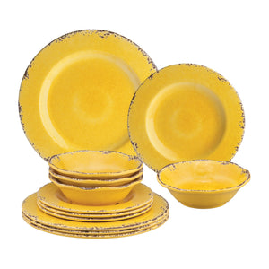 Gourmet Art 12-Piece Crackle Melamine Dinnerware Set, Yellow