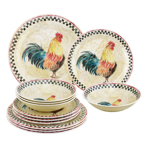 Gourmet Art 12-Piece Country Rooster Melamine Dinnerware Set
