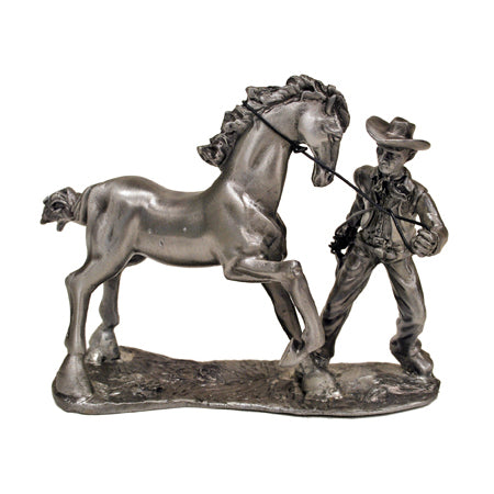 Cowboy Pulling Horse Figurine