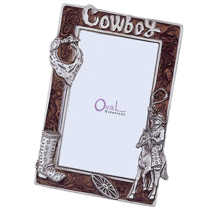 Cowboy Picture Frame, Silver/Brown, 4" x 6"