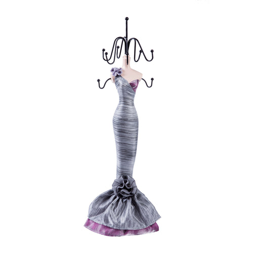 Flower One Shoulder Dress Doll Jewelry Stand, Silver 15
