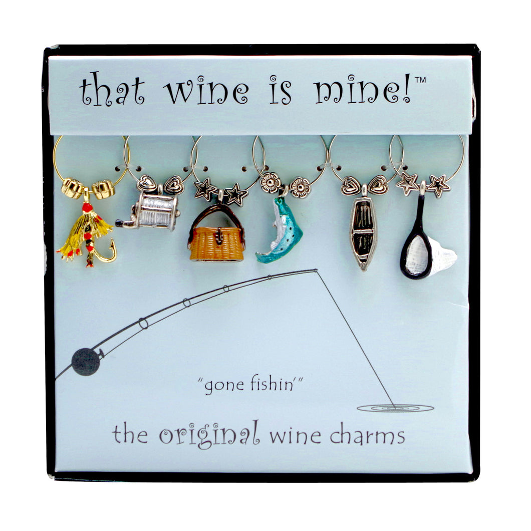 Wine Things 6-Piece Gone Fishin' Wine Charms, Painted