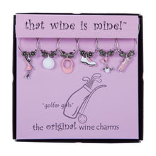 Load image into Gallery viewer, Wine Things 6-Piece Golfer Girls Wine Charms, Painted