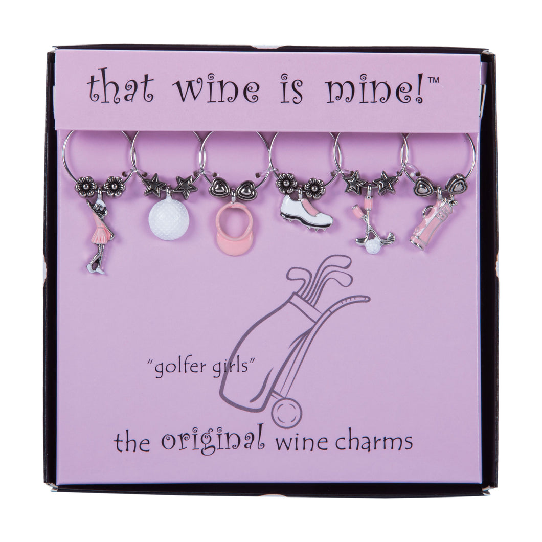 Wine Things 6-Piece Golfer Girls Wine Charms, Painted