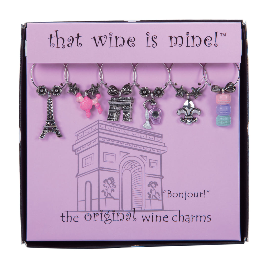 Wine Things 6-Piece Bonjour! Wine Charms, Painted