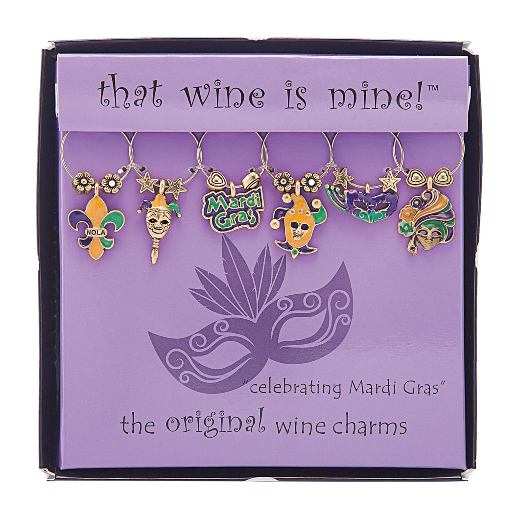 Wine Things 6-Piece Celebrating Mardi Gras Wine Charms, Painted
